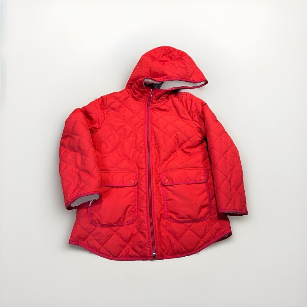 J Crew Crewcuts Girls Red‎ Reversible Coat Size 10 Long Fleece Hood Pockets FLAW
